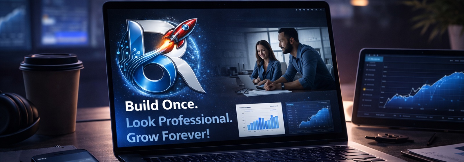 Mission visual representing web development, speed, and lead growth (dark theme)